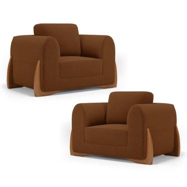 Imagem de Kit 02 Poltronas Decorativas Living Bloom Com Pés De Madeira Bouclê Terracota - Abmaza