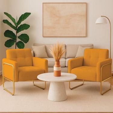 Imagem de Poltrona Sala Industrial Alta Tubo Dourado Kit 2 Elisa Bouclê Mostarda D03 - D`rossi