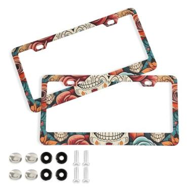 Imagem de SEHANY Molduras de placa de carro vintage rosa crânio, capas de alumínio à prova de ferrugem com furos elípticos e parafusos serve para veículos padrão dos EUA tamanho acessórios de carro para