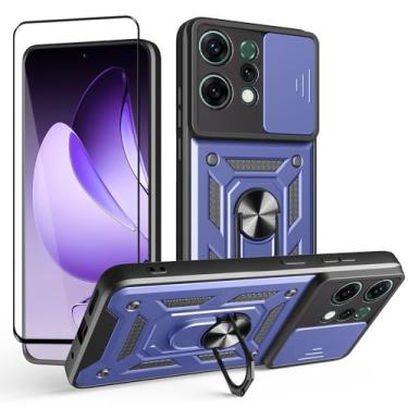 Imagem de CNPUTAO Capa para Oppo Reno 14 Pro com protetor de tela de vidro temperado, janela deslizante para câmera, suporte, capa de telefone de camada dupla antiarranhões à prova de choque, azul