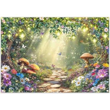 Imagem de ZTHMOE Tecido 2,1 x 1,5 m Primavera Encantada Floresta Fotografia Pano de Fundo de Conto de Fadas Jardim Floral País das Maravilhas Luzes Borboleta Fundo de Cogumelo Crianças Meninas Decoração de