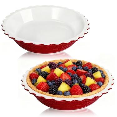 Imagem de Hacaroa 2 Pack 11 Inches Ceramic Pie Pans for Baking, 60 Ounce Pie Dish, Round Deep Baking Dish Plates for Fruit Pies, Pumpkin Pies, Crisps, Quiches, Microwave, Oven, Dishwasher Safe, Red