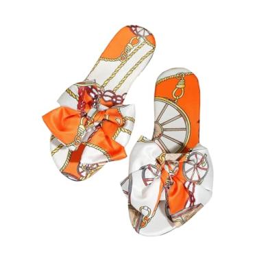 Imagem de GORGLITTER Sandálias femininas bonitas com laço moderno 2025 estampa gráfica elegante bico quadrado aberto sandálias rasteiras de verão, Laranja, 38