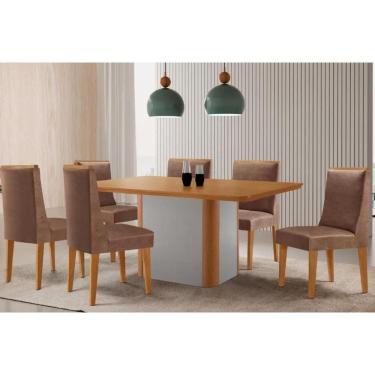 Imagem de Sala Jantar Mesa Pietá Tampo Curvo 180cm+6 Cadeiras Dakota Madeira Naturale/Off White - Capuccino/Corano Capuccino - Rufato
