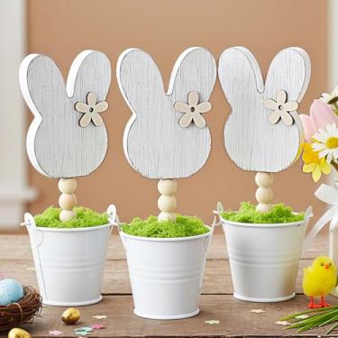 Imagem de Yousoontic 3 peças de mesa de coelho de madeira neutra decoração rústica mesa de coelho placas centrais de mesa de coelho rústicas mini placas em vaso com flores neutra fazenda coelhos presentes