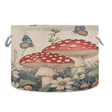 Imagem de JUZIHAI Cesto de armazenamento grande de cogumelos vintage, cesto de roupa suja dobrável à prova d'água com alças de corda de algodão para organização doméstica no quarto, banheiro e carro