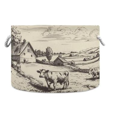 Imagem de JUZIHAI Village Farm Cows Cesta de armazenamento dobrável para bebês cesto de roupa suja com alças de corda de algodão, caixa de brinquedos dobrável, organizador de armário para quarto, berçário, casa
