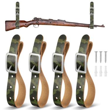 Imagem de Vercraft 4 peças de tiras ajustáveis de couro para suporte de parede para rifle, espingarda, machado, machado, espada e ferramentas, decoração de caça com parafusos e parafusos de expansão (camuflagem