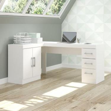 Imagem de Mesa para Escritório em L 120/156x75 Cm 2 Portas 3 Gavetas Mdp Branco 
