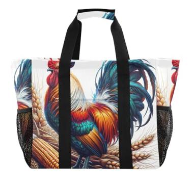 Imagem de ODAWA Bolsa de mercearia durável com bolsos, organizador de compras de supermercado, sacola de praia de férias embalável, galo de fazenda branca, Galo de fazenda branco, One Size