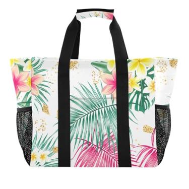 Imagem de ODAWA Sacola de compras grande dobrável e impermeável com folhas de palmeira tropicais e flores - Sacolas de praia para academia de lona durável com bolsos com zíper, Flores de folhas de palmeira
