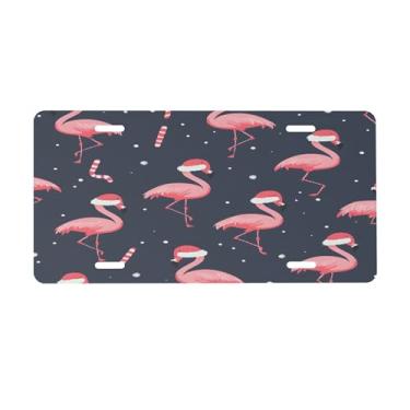 Imagem de Flamingo Christmas Placa de licença rosa para frente do carro placas de carro alumínio metal adequado para caminhão, placa de porta de carro, bar, café, acessórios automotivos para homens e mulheres