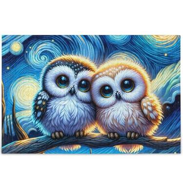 Imagem de Corujas pássaros fofos noite estrelada quebra-cabeça 500 peças quebra-cabeça adulto engraçado personalizado paisagem desenhos animados arte animal, 52 cm x 37,8 cm
