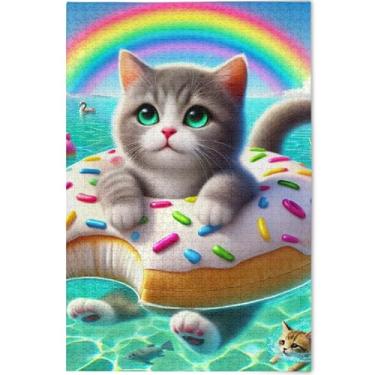 Imagem de Quebra-cabeça de gato fofo donut gatinho personalizado 1000 peças para adultos presentes de festa elefante branco quebra-cabeças família privilegiada arte floral animal, 75 cm x 50 cm