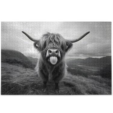 Imagem de Quebra-cabeça personalizado Highland Cow preto e branco 1000 peças para adultos cenário arte animal quebra-cabeças exclusivos para adultos divertido bobo, 75 cm x 50 cm