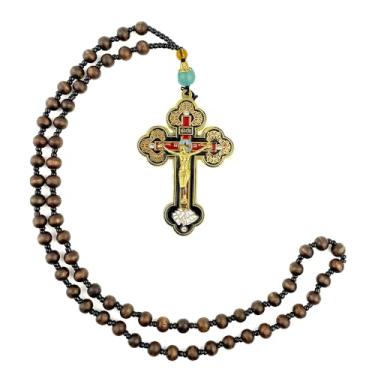 Imagem de RZRHMUHN Colar de cruz de contas de rosário de madeira, pingente de cruz católica, colar de cruz católica, crucifixo de Jesus religioso (ouro)