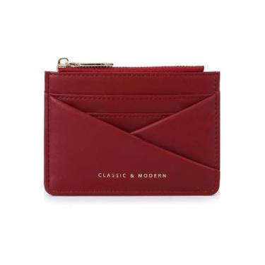 Imagem de Carteiras femininas de couro vermelhas pequenas e minimalistas com bloqueio de RFID com zíper com moeda de grande capacidade, fina, 2 cartões de crédito
