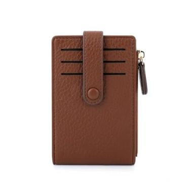 Imagem de Carteiras femininas de couro marrom pequenas finas e minimalistas com bloqueio de RFID com zíper com moeda de grande capacidade, fina, 3 cartões de crédito