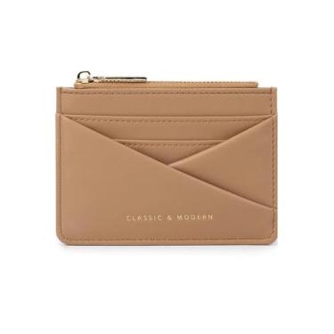 Imagem de Carteiras femininas de couro bege pequenas finas minimalistas com bloqueio de RFID com zíper com moeda de grande capacidade fina 2 cartões de crédito