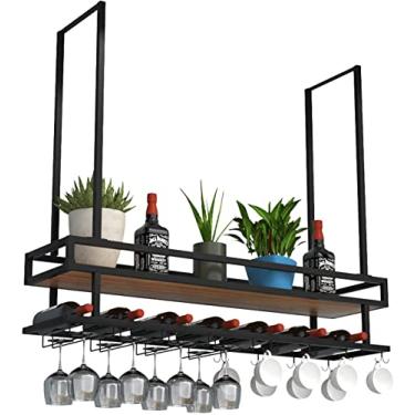 Imagem de SGeneE Prateleira de vinho Suporte de vidro champanhe suporte de teto com suporte para copo de vinho suporte de garrafa de vinho de ferro de 2 camadas suporte de flores para bar sala de jantar cozinha