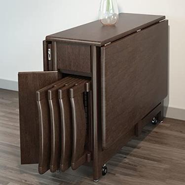 Imagem de ZXLPHA , Mesa de cozinha Drop-Leaf, conjunto de mesa de jantar e cadeiras dobráveis de nogueira, mesa de jantar retangular retrátil para casa inclui 4 cadeiras, sem necessidade de montagem