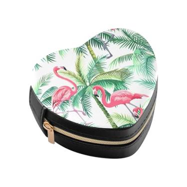 Imagem de Burbuja Caixa de joias em forma de coração com palmeiras flamingos, mini estojo de viagem para mulheres e meninas, organizador portátil de armazenamento para brincos, anéis, colares e pulseiras