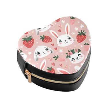 Imagem de Burbuja Caixa de joias de coelho em forma de coração de morango mini estojo de joias de viagem para mulheres e meninas, estojo portátil organizador de armazenamento para brincos, anéis, colares e