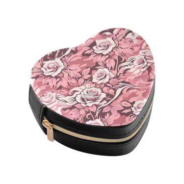 Imagem de Burbuja Caixa de joias em forma de coração de camuflagem rosa mini estojo de joias de viagem para mulheres e meninas, estojo portátil organizador de armazenamento para brincos, anéis, colares e