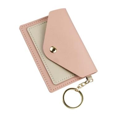 Imagem de Porta-cartões de cor doce pequena carteira feminina elegante porta-moedas e porta-cartão de crédito chaveiro para uso diário, rosa