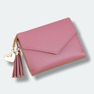 Imagem de Carteira curta feminina com pingente em forma de coração de borla - 4 compartimentos para cartões, 1 compartimento para foto, poliuretano leve de 70 g, 11,5 x 9 cm (cinza/verde/preto/rosa/vermelho