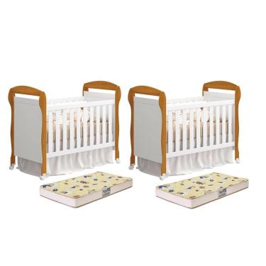 Imagem de Kit Gêmeos Berço Mini Cama Danny Branco/savana Com Colchões Supreme - Reller Móveis Branco/savana