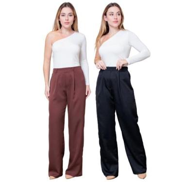 Imagem de Kit 2 Calças Pantalona Feminina de Alfaiataria Lisa com Pregas - Maran