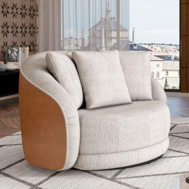 Imagem de Poltrona Seraphina Giratória Linho Couro Sintético Marrom Molufan Estofados