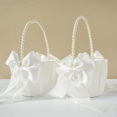 Imagem de Cestas de flores de casamento para meninas ATAILOVE Ivory Satin, 2 uni