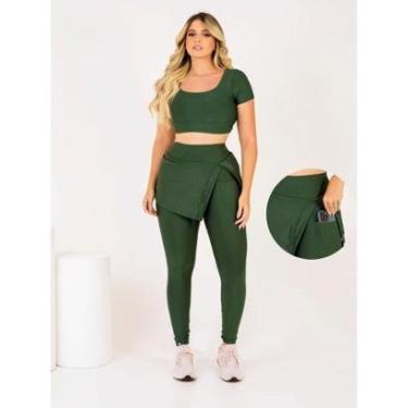 Imagem de Conjunto Calça Legging Saia Fenda Com Bolso Top Cropeed Moda Evangélica Fitness Academi...