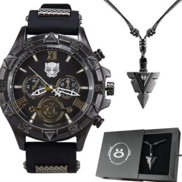 Imagem de Relogio Masculino Pantera Preto Aço Inox + Corrente Cordão Analogico P