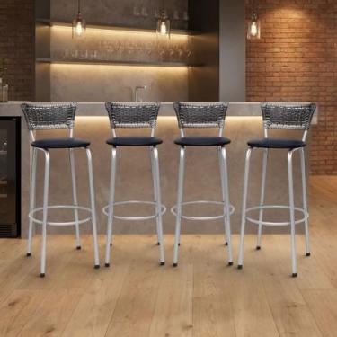 Imagem de Banqueta para bar/gourmet Balcão Alto Estrutura Prata Encosto Junco De