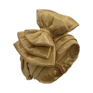 Imagem de Touca Turbante Africana Dourada Multicamadas Com Laço Elegante Para Mu