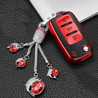 Imagem de YJADHU TPU couro masculino feminino chaveiro capa de chave de carro, apto para Volkswagen VW Jetta Golf Passat Beetle Skoda Seat Polo B5, A, vermelho, chaveiro