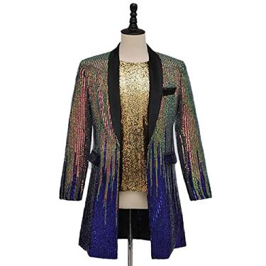 Imagem de Blazer longo casual listrado lantejoulas terno jaqueta masculina baile roupas de palco jantar festa de casamento festival casaco um botão externo, azul, M busto: 94 cm)