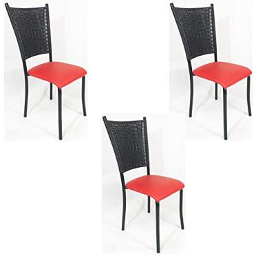 Imagem de Kit 3 Cadeiras de Cozinha Preta Fibra Sintética Preta Assento Vermelho - Poltronas do Sul