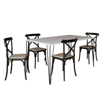 Imagem de Conjunto De Mesa Elen Retangular Tampo De Madeira 140X80Cm Branco Com 4 Cadeiras Katrina Preto