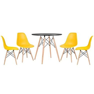 Imagem de Loft7, Kit - Mesa redonda Eames 80 cm preto + 4 cadeiras Eiffel Dsw Amarelo