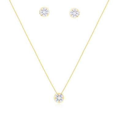 Imagem de Edife Joias - Conjunto de Colar e Brincos Ponto de Luz de Zircônia 6mm Folheado a Ouro 18k