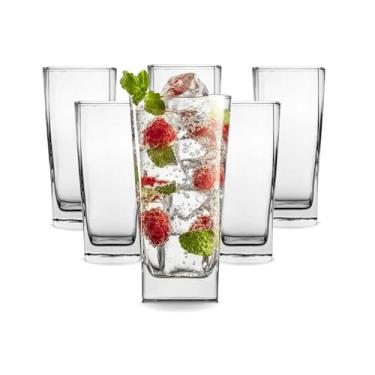 Imagem de Conjunto 6 Copos Altos de Vidro Square Transparente 250Ml Para Suco Agua Refri Drinks Moderno Luxoso Mesa Posta