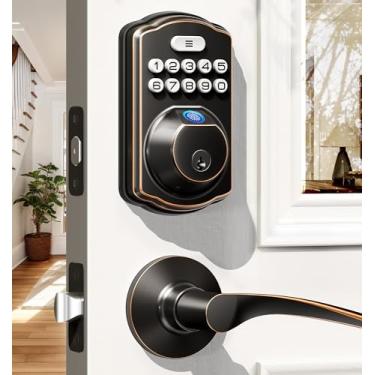 Imagem de Fechadura de porta por biometria com 2 maçanetas Veise, sem chave, teclado eletrônico, código inteligente digital, travamento automático, fácil instalação, acabamento de bronze envelhecido