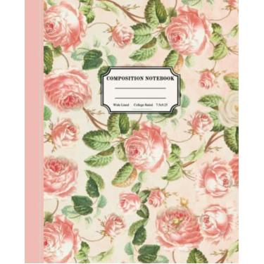 Imagem de Caderno de composição botânica vintage: rosas rosas florais vintage, diário de estética Cottagecore para meninas, caderno rosa fofo para escola | pautado para faculdade pautado
