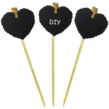 Imagem de BLUE TOP 50 Bamboo picks 50 Black Heart Lable Valentine's Cupcake Picks Heart Valentine's Day Cocktail Picks Cheese Markers Buffet Labels for Charcuterie Board Food Tags