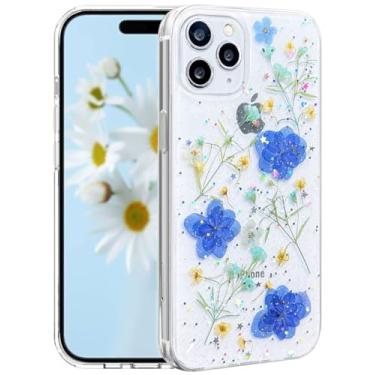 Imagem de CEOKOK Capa transparente para iPhone 11 Pro Max com design de flores prensadas de verdade com glitter, azul brilhante, floral, seca, fina, macia, TPU, protetora, à prova de choque, feminina, feminina,