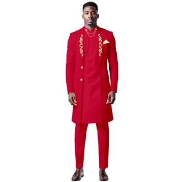 Imagem de DBQ Terno masculino com dois botões bordado sólido jaqueta corrente camisas e calças 3 peças roupas africanas, Vermelho, M